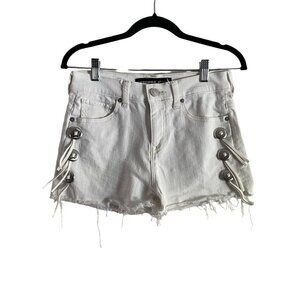 Express 2 White Denim Boho Western Rodeo Festival High Rise Cutoff Jean Shorts